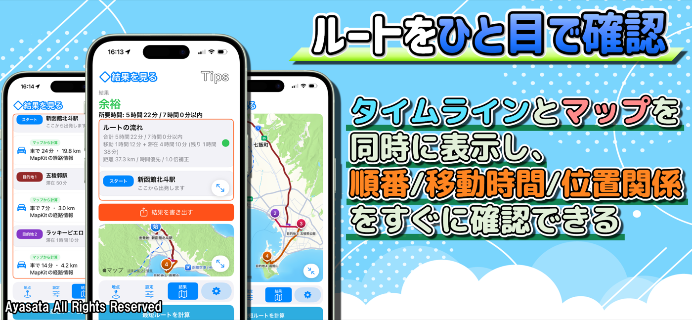 巡れルートでタイムラインとマップを同時に表示し巡回順と移動時間を確認する画面
